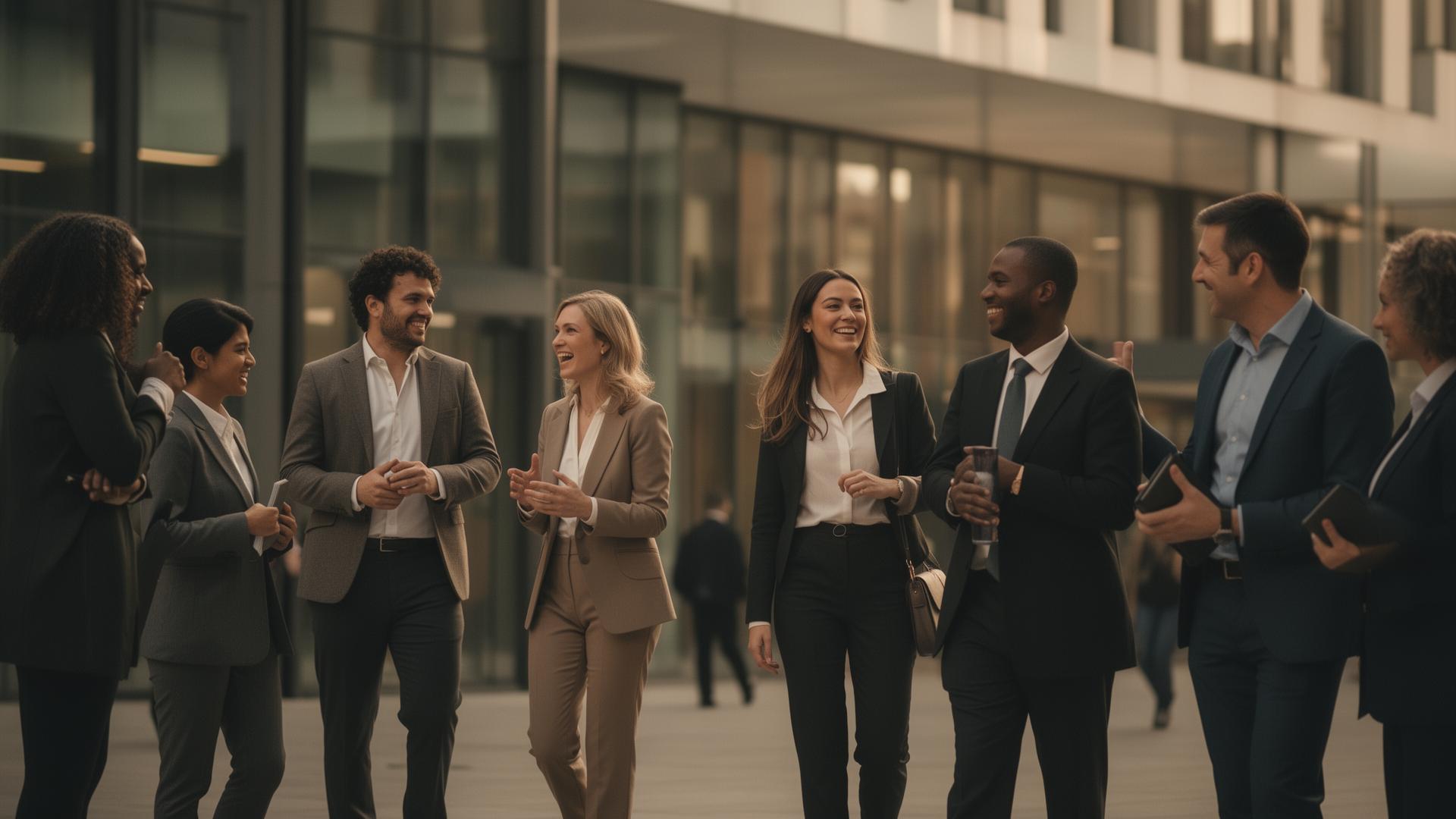 UK business professionals walking together outside a modern office
