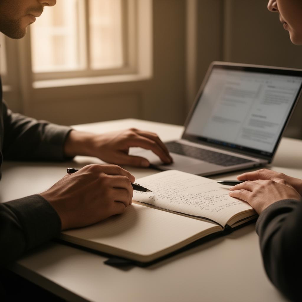 Two professionals reviewing a notebook and laptop