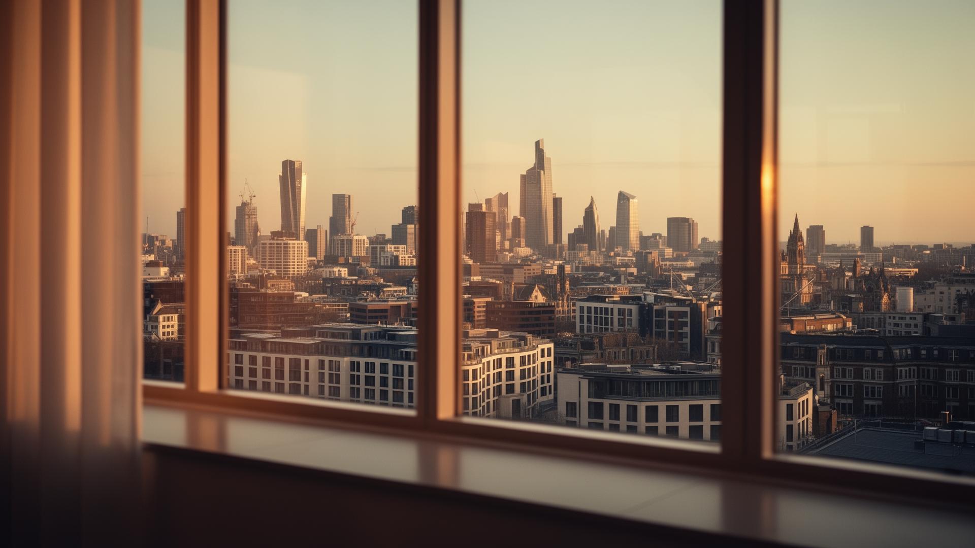 UK city skyline at golden hour viewed through architectural windows