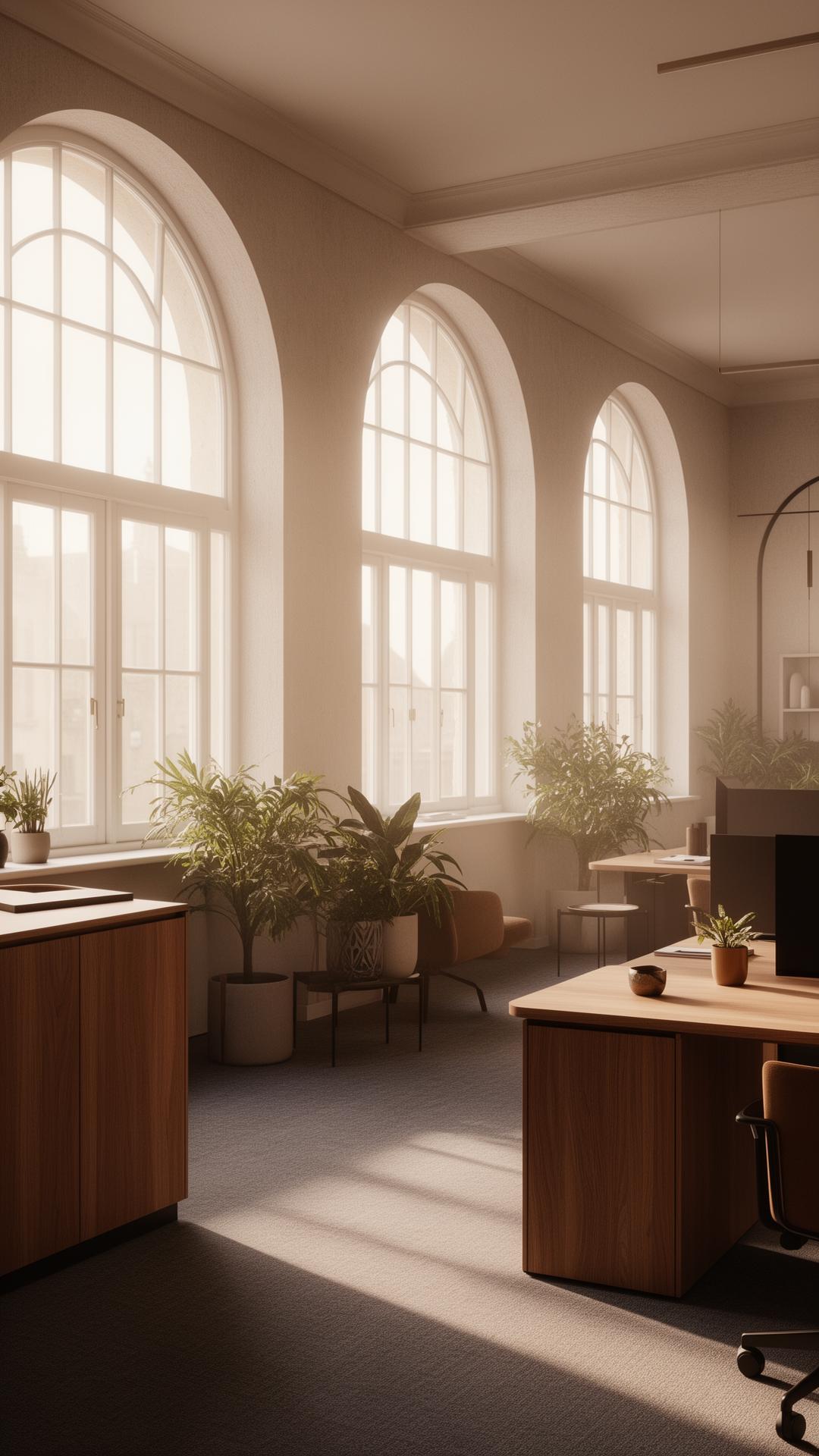 A calm, sunlit modern office interior