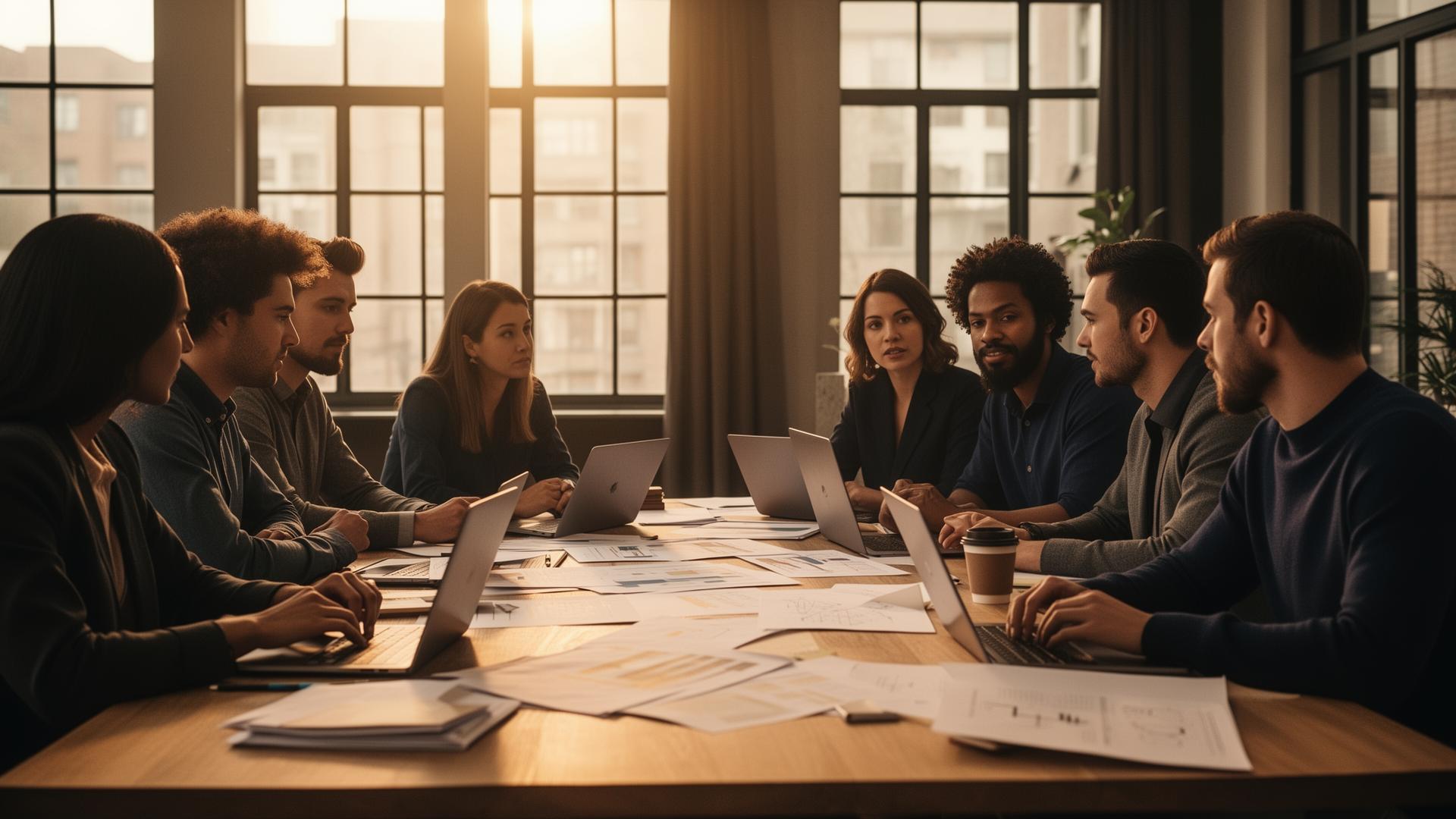 A diverse team in a strategy meeting at golden hour